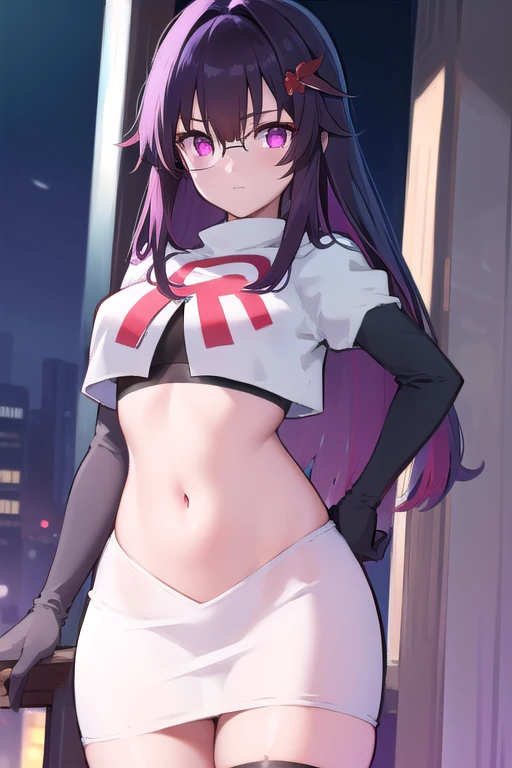 honkaisparkle, black hair, colored inner hair, glasses, hair intakes, hair ornament, hairclip, long hair, multicolored hair, (pink eyes:1.3), purple hair, straight hair, 
BREAK team rocket,team rocket uniform,white skirt,red letter R,crop top,black thigh-h...