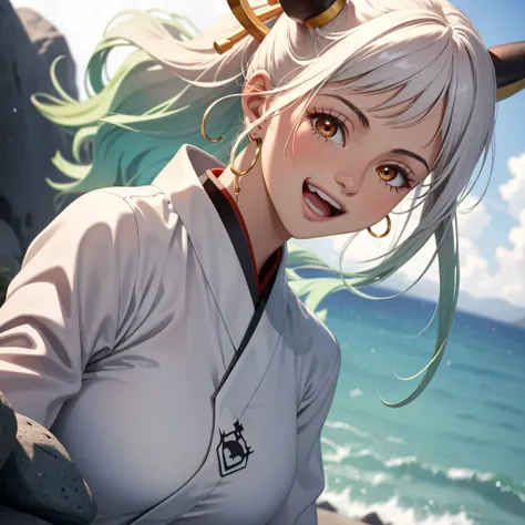 masterpiece,  top quality , 1 Female,  high res,   beautiful girls ,  Yamato Wanpi， Big Breasts ， clevis on a stone，white blouse ， camera ，Bust photo， sexy， makes my face red，Im wearing a sea background ， laughs