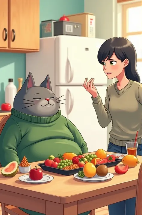 Illustration of an anthropomorphic gray cat wearing a green sweater, sitting at a dining table with lots of fruits. The cat had a bloated belly, leaning against a chair, while a human figure in casual clothes stood nearby while pointing angrily at the cat....