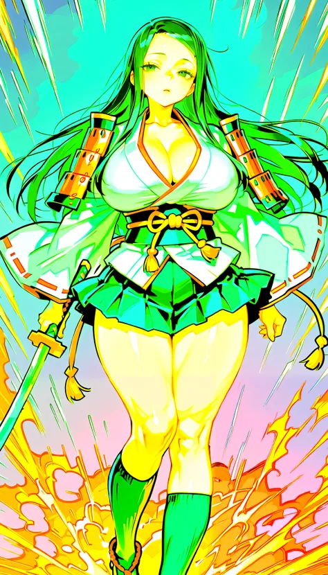 score_9, score_8_up, score_7_up,(hi-quality,high resolution),Black hair, straight long, [[parted in the middle]], forehead,(japanese armor,chest),white kimono, black miniskirt,knee socks, big breasts, dark eyes, slanted eyes, (curvy body),holding a sword, ...