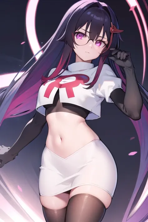 honkaisparkle, black hair, colored inner hair, glasses, hair intakes, hair ornament, hairclip, long hair, multicolored hair, (pink eyes:1.3), purple hair, straight hair, 
BREAK team rocket,team rocket uniform,white skirt,red letter R,crop top,black thigh-h...