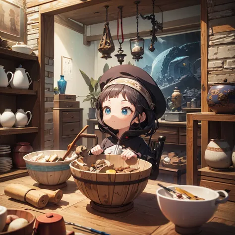 Place all surrounding cabinets with artifacts, Earthenware pot, Ceramic Bowl, Driftwood, Deep sea divers transporting artifacts upstream, Because digital painting ,  anime character,  cute 3d rendering , Clay character,  clay animation,  cute detailed digi...