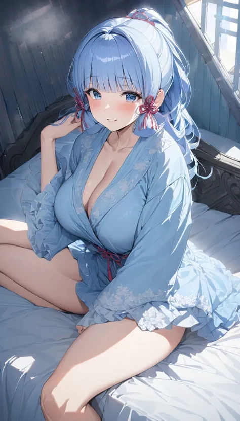 ayaka, long blue hair, beautiful face,smiling,large firm heavy breasts, sitting on bed, light blue bathrobe, (open mouth:0.4),illustration,detailed textures(realists),ultra-detailed,portrait style,vivid colors,soft lighting, blushing, mature, full body, go...