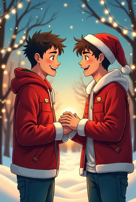 Deux jeunes hommes se sert la main en tenu de Noël version personnages de manga tout souriant et de écrit en haut JE TE SOUHAITE JOYEUX NOËL À TOI BRO une nuit de Noël eclairer 