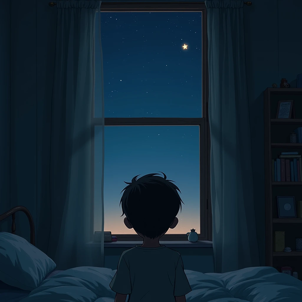  A boy alone in the bedroom looking at the sky through the window, Where you can only see one star 