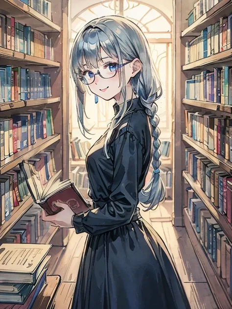 masterpiece,  top quality ,  very detailed, 8k,  super high res,  cowboy shot, A  girl,  detailed face , smile,  Completed,  blue eyes, Glasses,  Silver Hair,  long hair,  braids,  black dress,  Long Skirt ,  Libraries , Bookshelf,  books to read aloud, St...