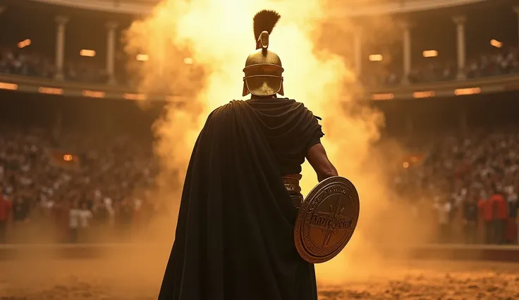 1:  The Force Reborn
A Roman warrior wearing black ,  holding a golden helmet with the symbol of  "hard reset".  The scene shows a gladiator arena , con dust in the air y una gran explosión de luz al fondo que ilumina la silueta del guerrero.  The atmosphe...