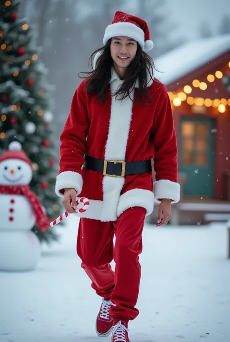  A handsome Korean man with long hair smiles,  wearing a Christmas hat ,  wearing a Santa Claus costume and sneakers vans pink,  holding a Christmas candy cane, walking outside in the snow, there is a Christmas tree and a snowman, a hut decorated with Chri...