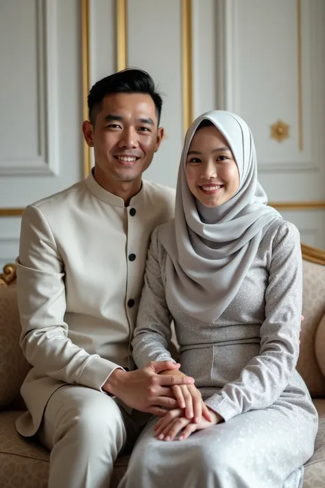 ((best quality)), ((masterpiece)), (detailed), perfect faceperfect face A very handsome Indonesian man, with a very beautiful Indonesian girl ,Wearing a long, straight, neat hijab,wearing silver Beautiful and elegant Muslim dress,Sitting together on a supe...