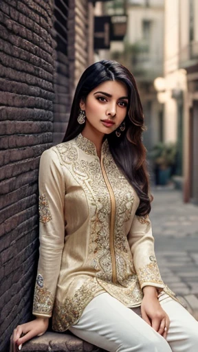 Ultra-hyper-Realistic, A stunning scene of a beautiful feminine young Pakistani boy sitting on a brick wall at night in a vibrant city street. He is wearing an elegant silk desi-girlish traditional kurta inspired by Ambreen Butt, blending traditional beaut...