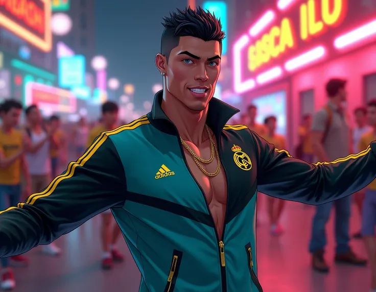 Here’s the revised prompt with dancing included:

"Create a highly detailed and realistic anime-style scene of Cristiano Ronaldo dancing energetically. He has short, spiky black hair and is wearing a stylish teal and black sports jacket with yellow accents...