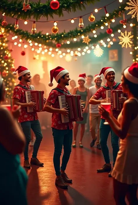  Imagine a party room decorated for , with festive lights ,  garlands and Christmas ornaments everywhere . In the background,  a group of musicians play accordion , Triangle and Zabumba ,  all dressed in Santa Claus hats , transmitting joy and celebration....