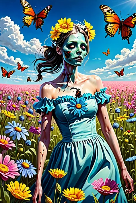 A beatuiful Zombie femal in flower field bright sky butterflys birds bees  surrealistic