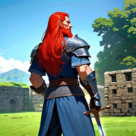 Masterpiece, hg, high resolution, high quality, best quality, super detailed. Solo character alone, multiple views. Fantasy art.
{{(A 60-years-old male-barbarian-red-haired-man:,(appearance: fair skin. blue-eyes with black-pupils. scarlet-red-long-hair-tie...