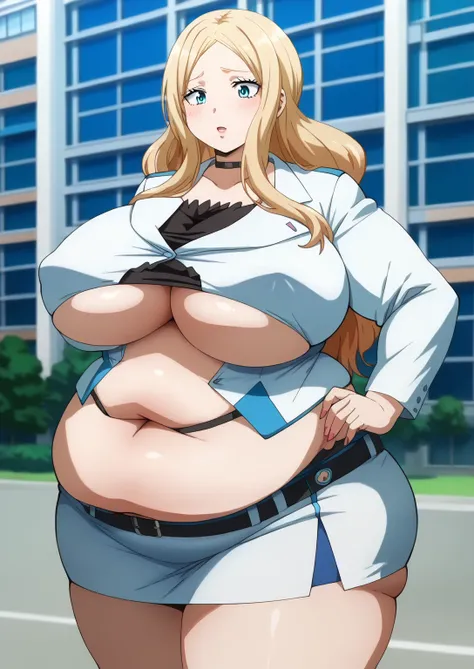  Irina Jelavic,  Golden Hair ,  long hair,Down Style, blue eyes,  black choker like an NTR cartoon,  white suit ,  white jacket,  black shirt , white mini skirt, ssbbw, chubby,milf, obese の女教師, giant areolas,score_9,   score_8_ up,   score_7_ up,   score_6...