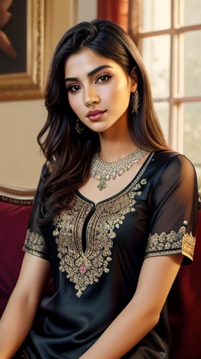 Ultra-hyper-Realistic, A stunning scene of a young beautiful feminine -boy sitting on sofa. He is wearing an elegant silk desi-girlish traditional kurta inspired by Ambreen Butt, blending traditional beauty with modern aesthetics. The kurta features beauti...