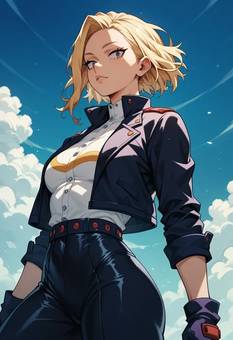 white female adult, athletic build, blonde hair, purple and black hero suit my hero academia style, short jacket, high quality, toriyama anime style, safe for work