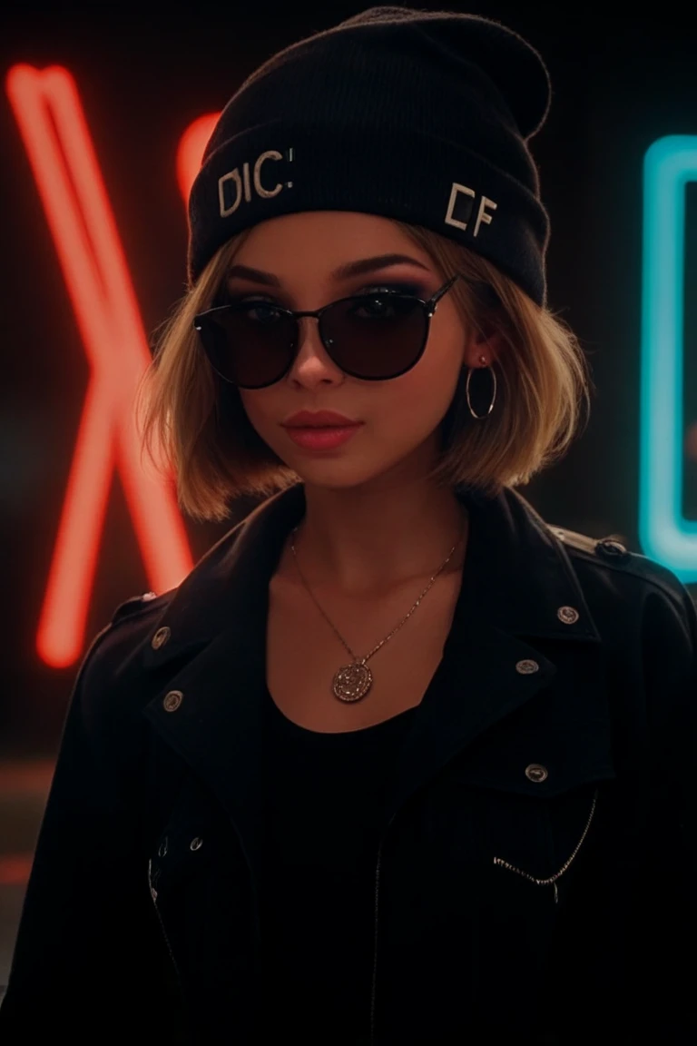 Face close up, alternative girl, watching over black sunglasses, jacket, necklace, neon light reflections on skin, ear ring, makeup, skin imperfection, short hair, beanie, neon lights background, low light, depth of field, highly detailed, high contrast, f...