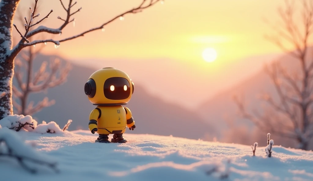 A scene where a cute yellow robot is watching the first sunrise of the year.