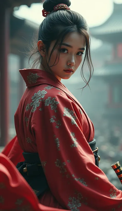 masterpiece, Highest quality, Raw photo, Realistic photos, Holding a Japan sword in his right hand, Slash an enemy with a Japanese sword, loooking at viewer, Glaring at the audience,beauty Japanese female samurai, Wearing a Japanese kimono, Wide-angle shot...