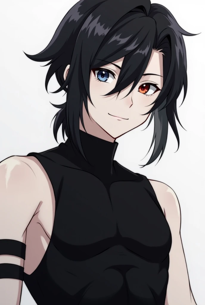 anime, "(man)", genero masculine, 19 years old,  black hair with white locks,  rhombus pupils ,  red iris on the right and blue on the left,  tight clothing,  black clothes , simple clothes, Serious, sharp canines ,  expression would be ,  medium hair,  fu...