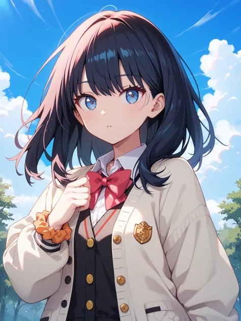 masterpiece,best quality,game cg,1girl,takarada_rikka,gridman_universe,ssss.gridman,bow,wrist_scrunchie,outdoors,adjusting_hair,furrowed_brow,upper_body,solo,black_hair,collared_shirt,bowtie,orange_scrunchie,scrunchie,blue_eyes,red_bowtie,white_cardigan,sk...