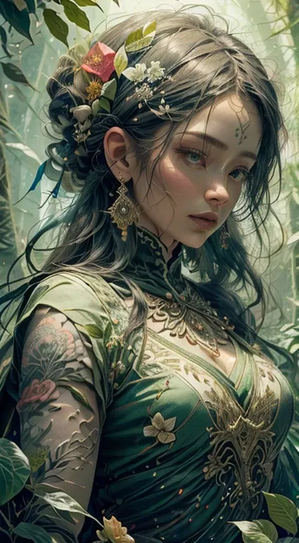 A highly detailed, cinematic, and realistic depiction of a beautiful woman in an enchanted forest setting. She is wearing intricate, flowing, semi-transparent forest-inspired clothing adorned with floral and leaf patterns, blending seamlessly with her surr...