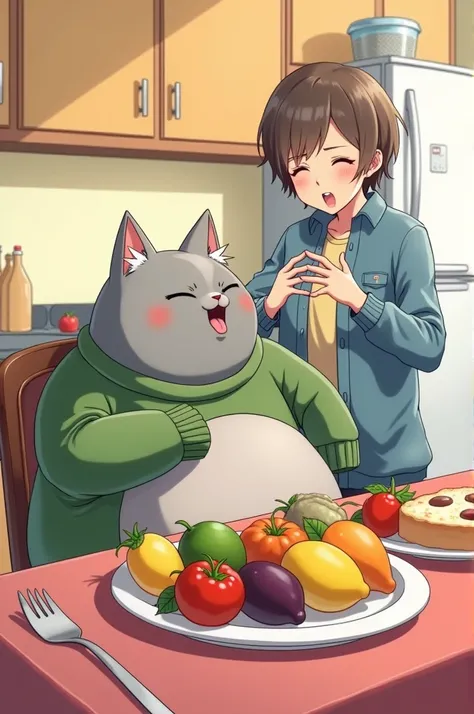 Illustration of an anthropomorphic gray cat wearing a green sweater, sitting at a dining table with lots of fruits. The cat had a bloated belly, leaning against a chair, while a human figure in casual clothes stood nearby while pointing angrily at the cat....