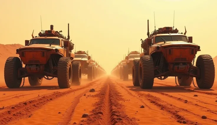  On the horizon of a vast and desolate desert planet , A menacing STRIPE line of more than one hundred battle-hardened vehicles extends ACROSS THE SCREEN, THEY ALL LOOK FACE TO FACE IN THE SAME LINE IN THE DISTANCE,  THERE ARE VEHICLES OF ALL TYPES , CARS ...