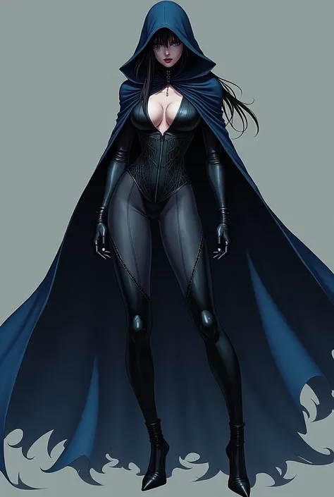  The image shows a female figure in a firm pose and .  The character has a mysterious and powerful appearance ,  similar to a hero or anti-hero in the style of comics or the anime .  Her clothing is dark and elegant ,  combining shades of black and deep bl...