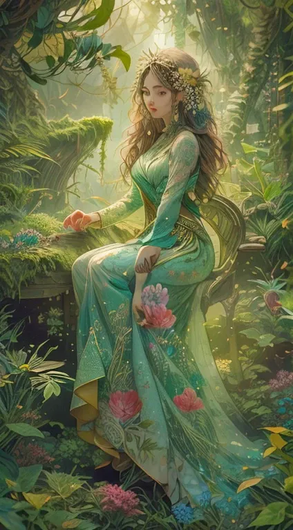 A highly detailed, cinematic, and realistic depiction of a beautiful woman in an enchanted forest setting. She is wearing intricate, flowing, semi-transparent forest-inspired clothing adorned with floral and leaf patterns, blending seamlessly with her surr...