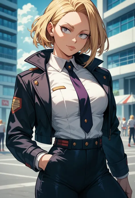 white female adult, athletic build, blonde hair, purple and black hero suit my hero academia style, short jacket, high quality, toriyama anime style, safe for work