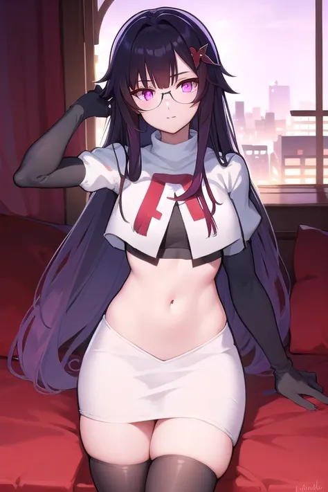 honkaisparkle, black hair, colored inner hair, glasses, hair intakes, hair ornament, hairclip, long hair, multicolored hair, (pink eyes:1.3), purple hair, straight hair, 
BREAK team rocket,team rocket uniform,white skirt,red letter R,crop top,black thigh-h...