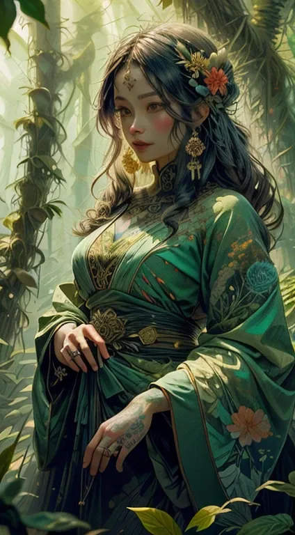 A highly detailed, cinematic, and realistic depiction of a beautiful woman in an enchanted forest setting. She is wearing intricate, flowing, semi-transparent forest-inspired clothing adorned with floral and leaf patterns, blending seamlessly with her surr...