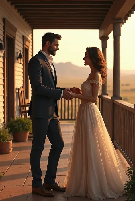  Handsome man with short beard and suit invites to dance ,On a ranch porch  