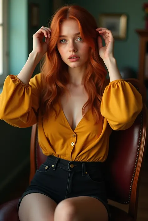 (( Full body shot )))(limelight,  editorial photograph of a red-haired woman of 21 years old ,  big green eyes ,  full lips), ( highly detailed face:1.4) (smile:0.7) ( interior illuminated editorial photograph , private study:1.3) to throw, por lee jeffrie...