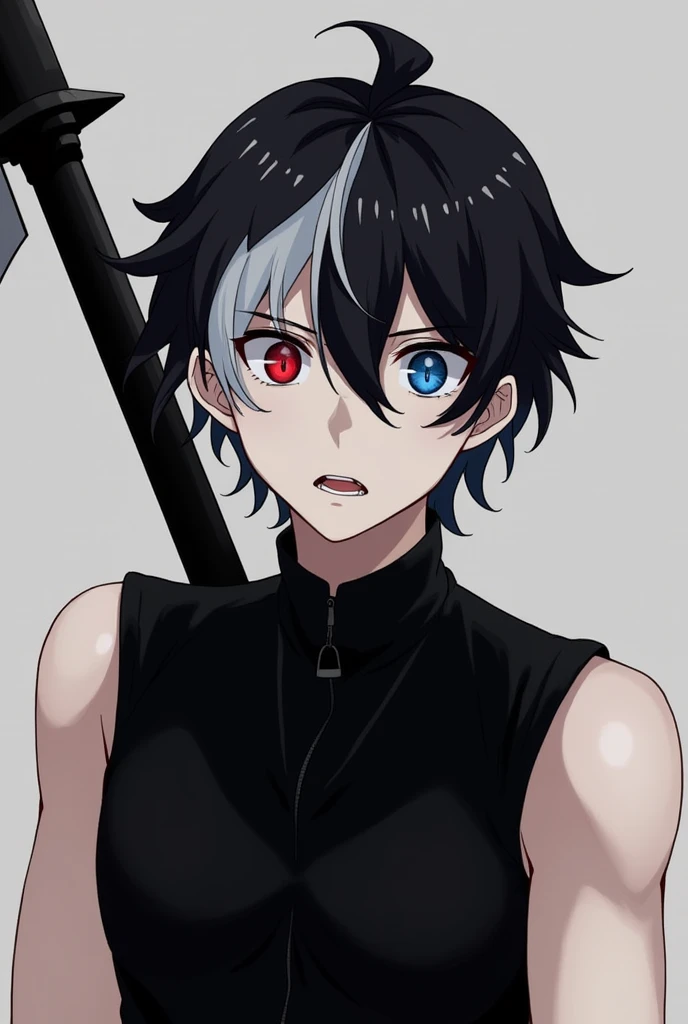 anime, "(man)", genero masculine, 19 years old,  black hair with white locks,  rhombus pupils ,  iris red on the right and blue on the left,  tight clothing,  black clothes , simple clothes, Serious, sharp canines ,  expression would be ,  medium hair,  fu...