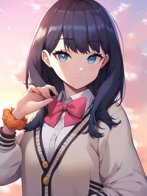 masterpiece,best quality,game cg,1girl,takarada_rikka,gridman_universe,ssss.gridman,bow,wrist_scrunchie,outdoors,adjusting_hair,furrowed_brow,upper_body,solo,black_hair,collared_shirt,bowtie,orange_scrunchie,scrunchie,blue_eyes,red_bowtie,white_cardigan,sk...