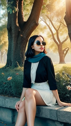 "A mystical and elegant Persian woman sitting on a wall in a sunlit park, exuding an ethereal aura. She is pale-skinned with delicate features, casually dressed in stylish clothing, adorned with a scarf and sunglasses. Her relaxed yet confident pose reflec...