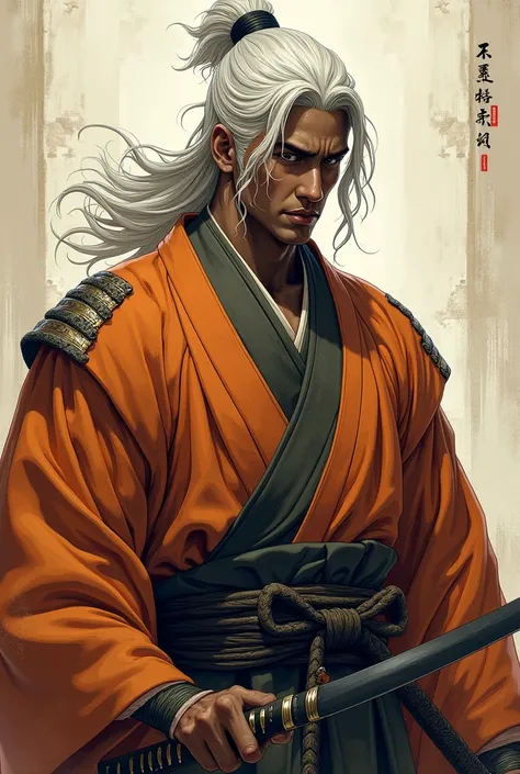 a black-skinned samurai man. Medium-length white hair covering his shoulders. Brown and orange samurai clothing. Serious smiling expression. Carrying a katana in a sheath stored at his waist, details of the pose. picture taken from a japanese book of a man...