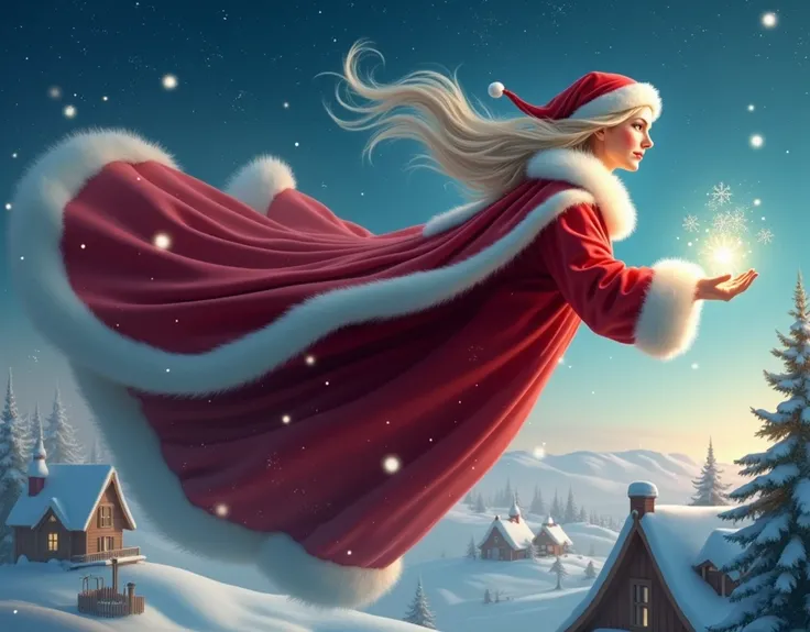 Beautiful Mother Claus flying to deliver gifts to homes