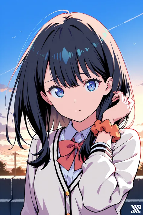 masterpiece,best quality,game cg,1girl,takarada_rikka,gridman_universe,ssss.gridman,bow,wrist_scrunchie,outdoors,adjusting_hair,furrowed_brow,upper_body,solo,black_hair,collared_shirt,bowtie,orange_scrunchie,scrunchie,blue_eyes,red_bowtie,white_cardigan,sk...