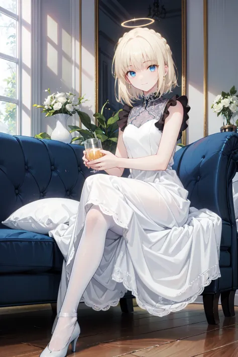   Very detailed ,   masterpiece  ,      is the best quality  , ,      with a soft smile  , Smile gently,   Modern style living room  ，  blue eyes,    long hair , blond,   bangs, Halo，  white dress、Luxury dress，White lace stockings 、blue high heels， sitting...