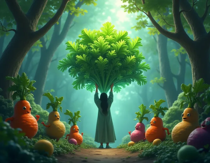 " A magical garden in which the narrator presents a lush bouquet of kale leaves that shine with an ethereal green light.  Around the kale there are animated vegetables that bow to their queen . The scene is enchanting and majestic ,  with vibrant art-style...