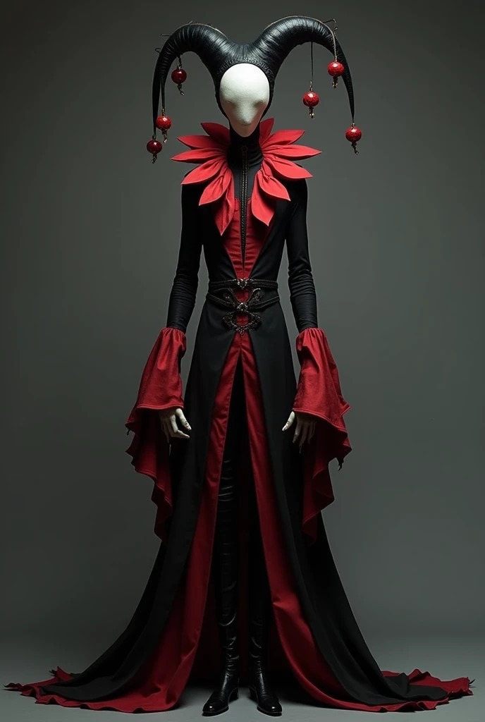 Create a full body image of a jester with a black jester hat and red and black robe. 9”0 tall Slenderman like build. Gaunt and skinny with hour glass shaped waist. Long arms and red sharp nails. Full body from head to toe. Elf with colorless dead skin and ...