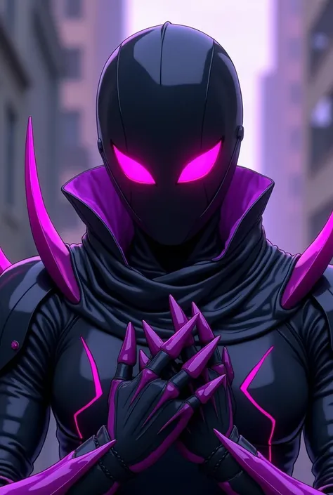 Black anime armor with bright purple details, purple elbow thorns, a black helmet that covers the face completely, showing your eyes bright pink, highschool anime style Dxd black metallic gloves with sharp claws, full body 