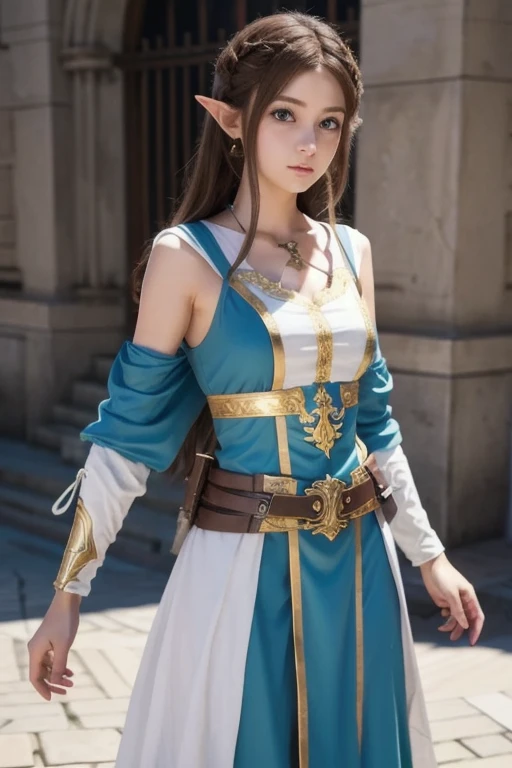 Princess Zelda full body shot, Brown Hair,  blue eyes, Dressed as an assassin in Assassins Creed , white+Its gold and 、whiteいマスクと金色のディテールが施されたフード, XL Bust, [Using the blade of his wrist. background: Renaissance city.  Unreal Engine 5 , Anime, Anime style, ...