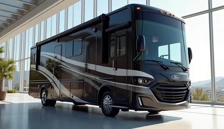 "Create a photorealistic back left view of a modern large, FORD camper motorhome. The motorhome features a bold  black accents. It has a streamlined overcab section, a large windshield, and sleek silver wheels, giving it a sporty and rugged appearance. The...