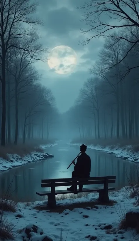 Naruto sitting lonley on the bench in the middle of jungle there is a small river infont of the bench winter weather day time dark clouds naruto with flute sitting on the bench looking towards the river 