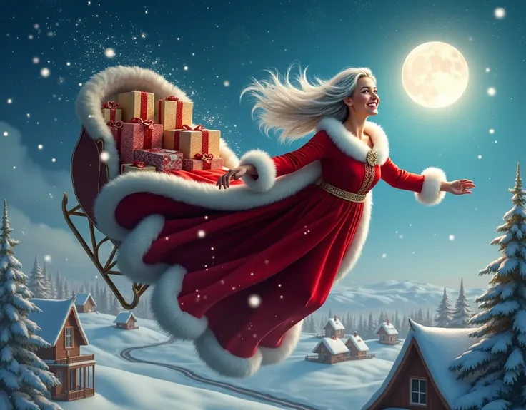 Beautiful Mama Claus flying and delivering presents 